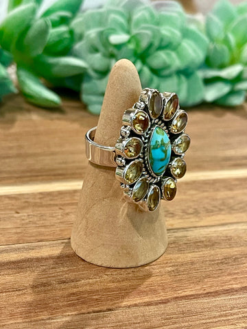 Beautiful Handmade Multi Stone , Sonoran Turquoise And Sterling Silver Adjustable Ring