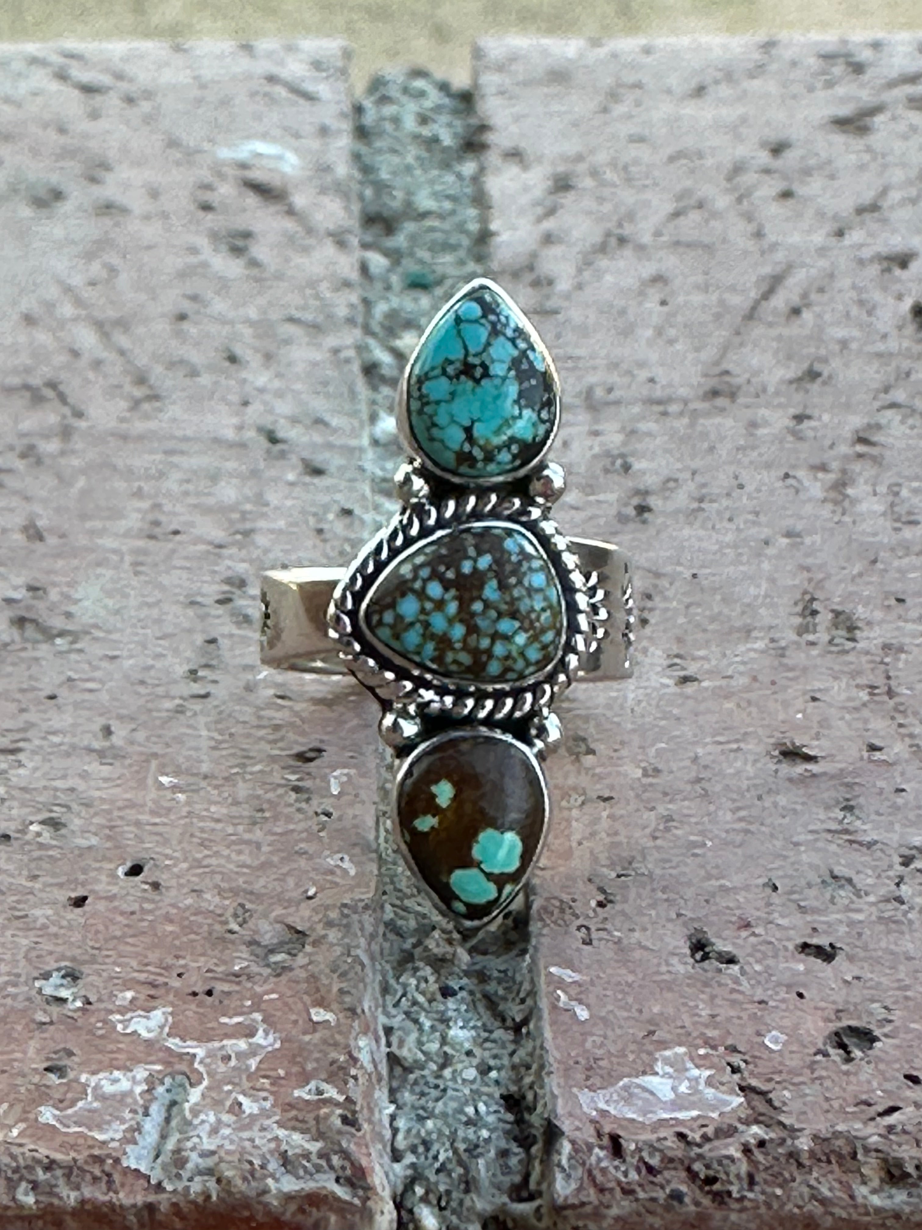 Handmade Sterling Silver & Three Stone Number 8 Turquoise Adjustable Ring