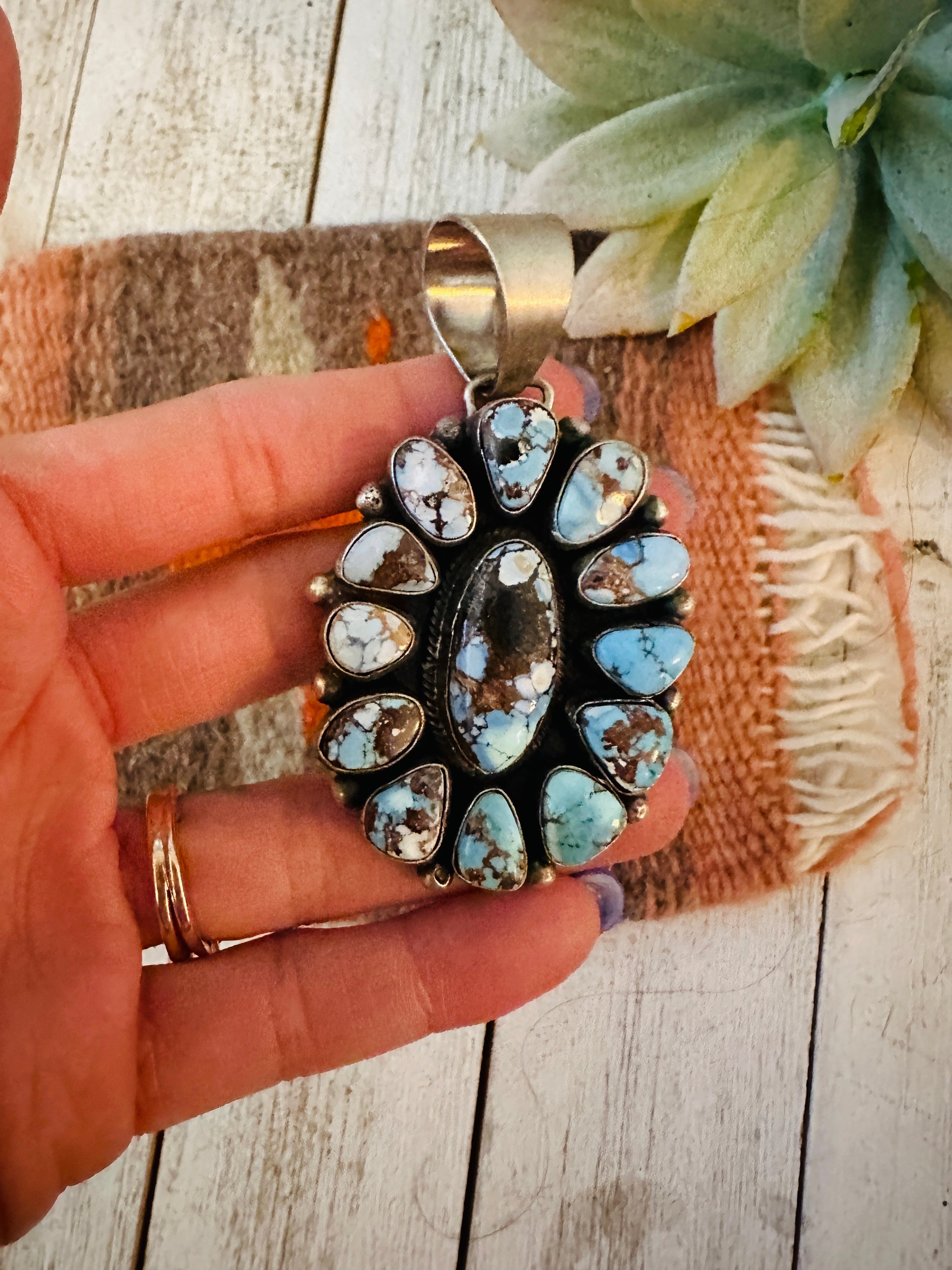 Navajo Golden Hills Turquoise & Sterling Silver Cluster Pendant