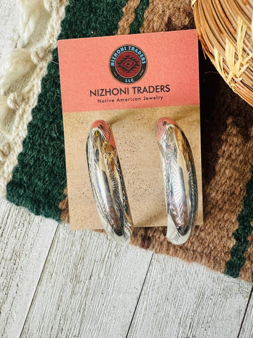 Navajo Hand Stamped Sterling Silver Hoop Earrings