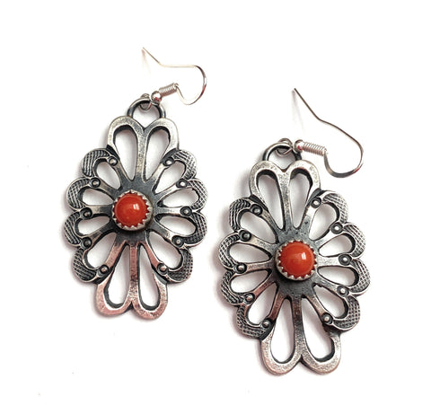 Navajo Coral & Sterling Silver Flower Dangle Earrings By Kevin Billah