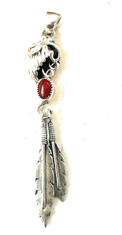 Navajo Coral & Sterling Silver Feather Pendant