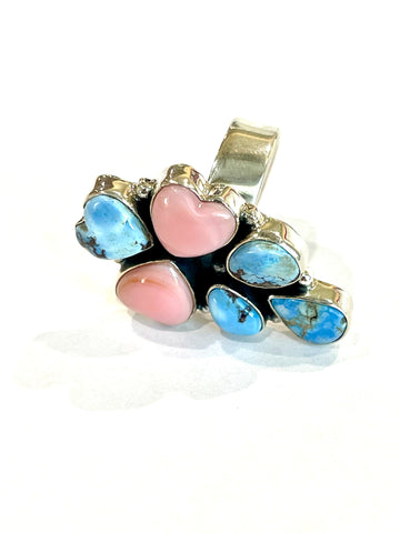 Beautiful Handmade Golden Hills Turquoise, Pink Conch And Sterling Silver Adjustable Ring