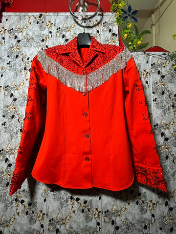 Red Embellished Embroidered Show Top With Stone Fringe