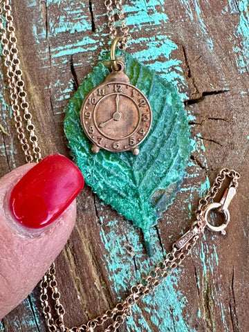 Rose Gold, brass Clock Moldavite leaf pendant 24” necklace