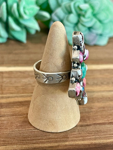 Beautiful Handmade Multi Stone And Sterling Silver Adjustable Ring