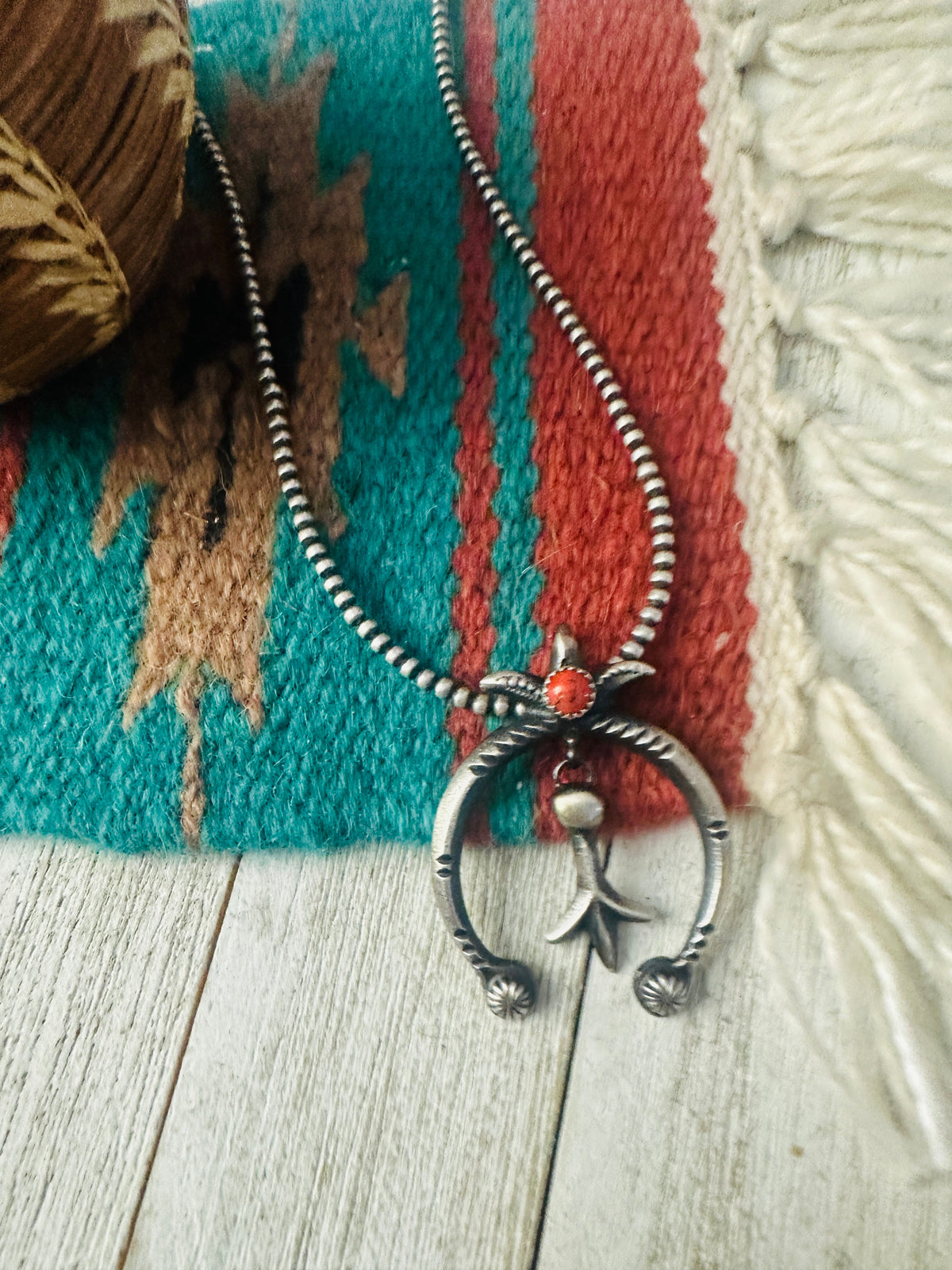 Navajo Coral & Sterling Silver Naja Pendant by Martha Cayatineto