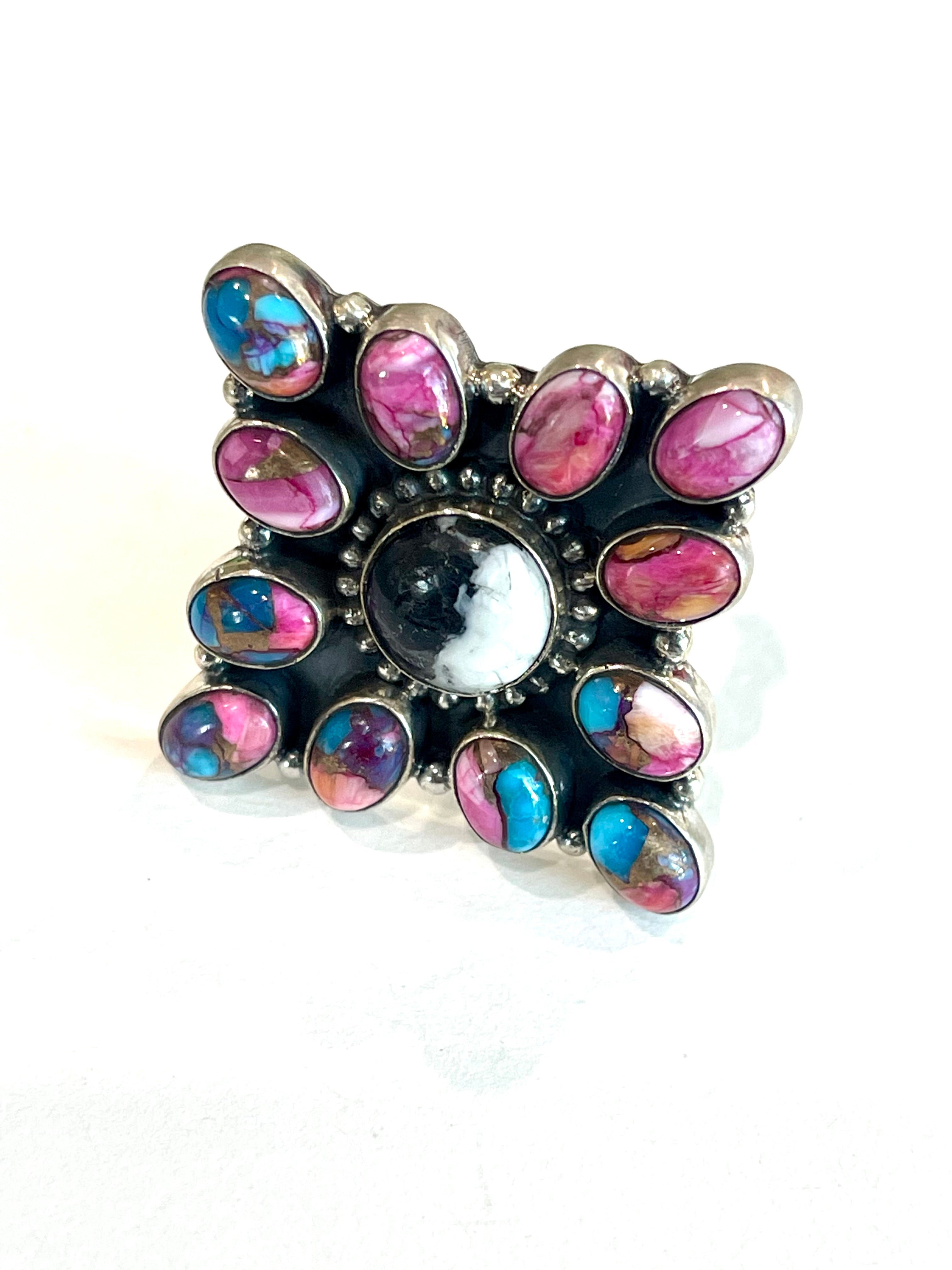 Beautiful Handmade Multi Stone And Sterling Silver Adjustable Ring