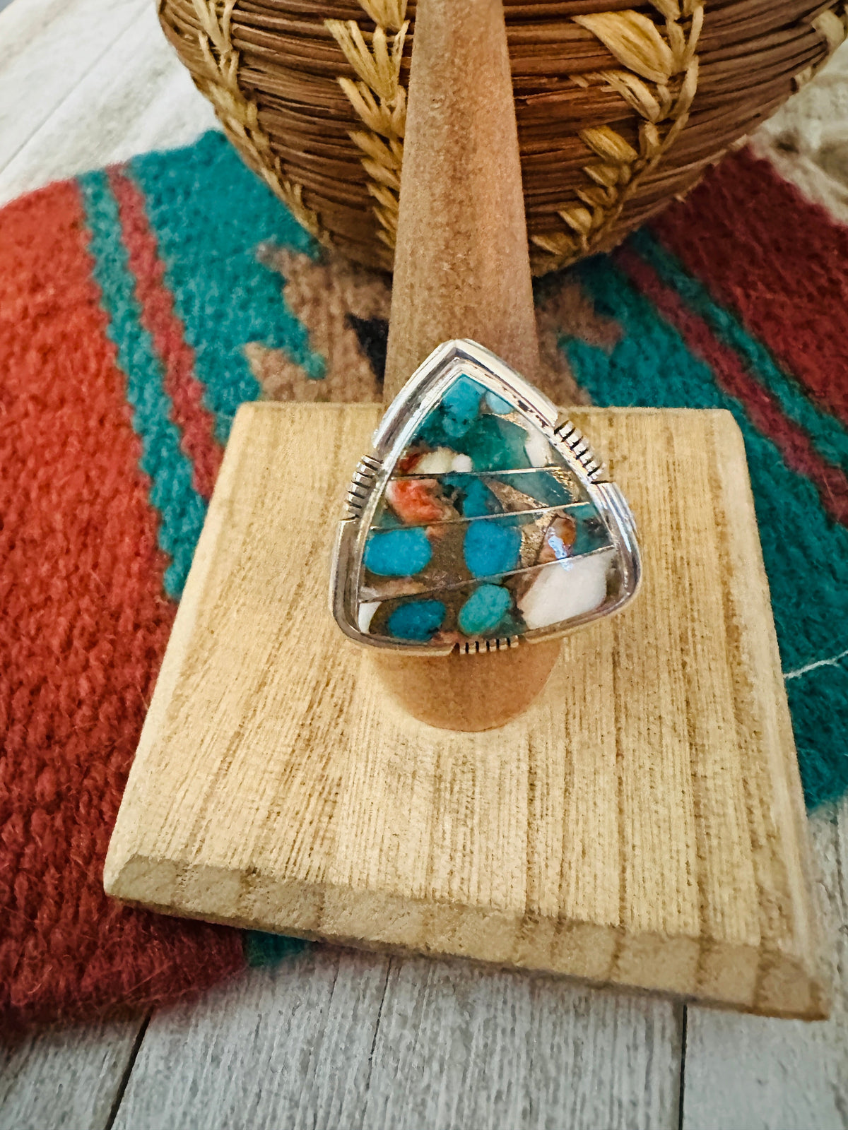 Navajo Spice & Sterling Silver Inlay Ring Size 9