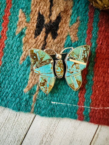 Navajo Number 8 Turquoise & Sterling Silver Butterfly Brooch / Pendant