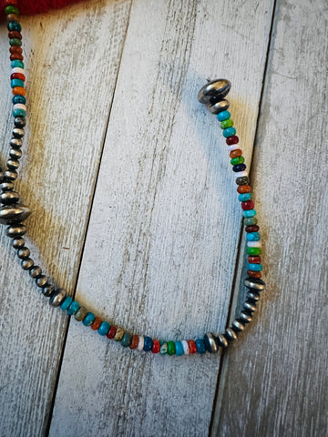 Navajo Sterling Silver & Multi Stone Beaded Lariat Necklace