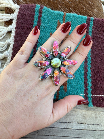 Nizhoni Handmade Pink Dream Mojave, Palomino Turquoise & Sterling Silver Adjustable Flower Ring