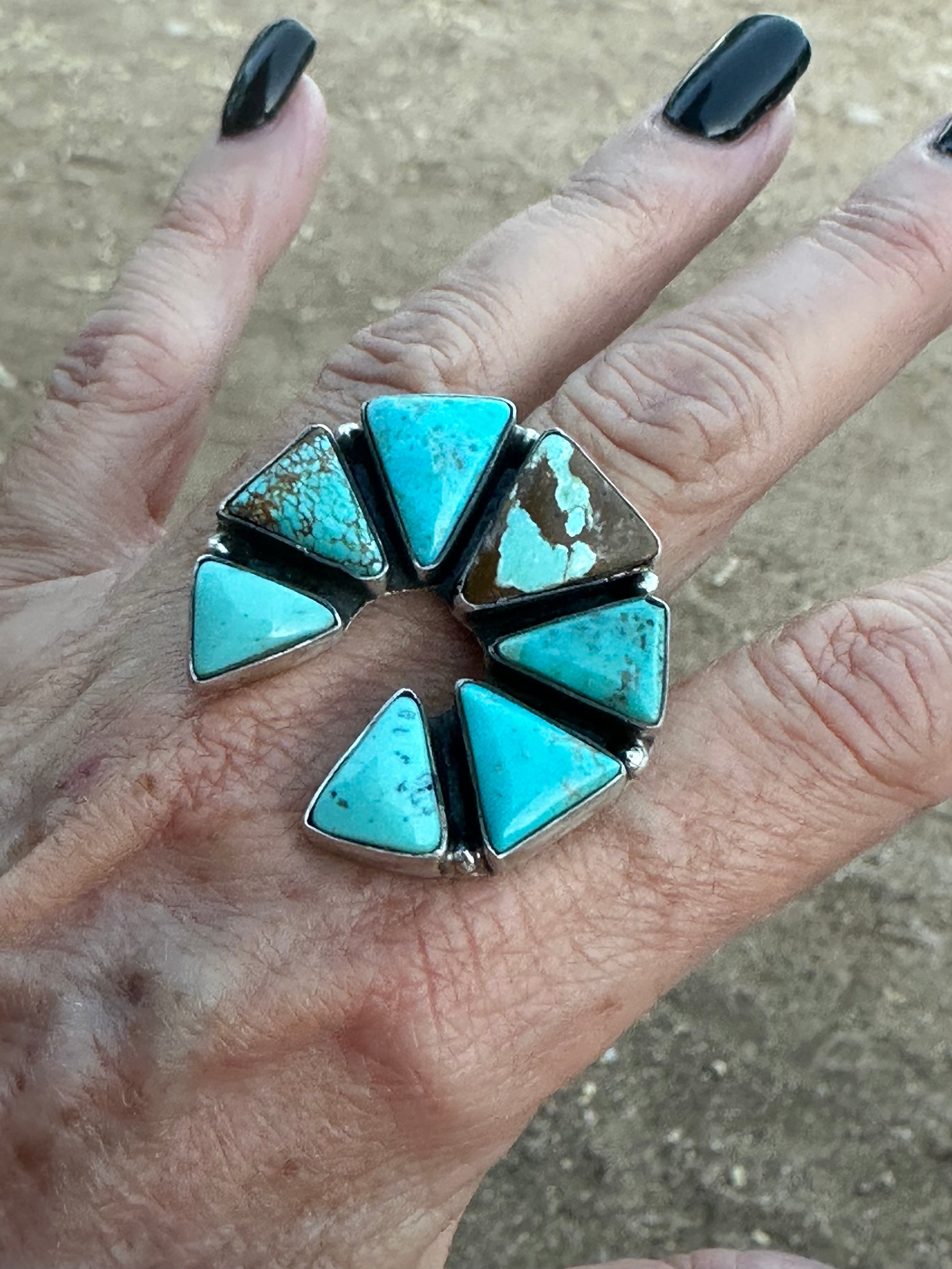 Navajo Kingman Turquoise & Sterling Silver Naja Adjustable Ring signed Elouise Kee