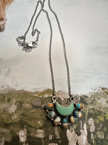 Beautiful Handmade Sterling Silver, Turquoise & Spice Moon Necklace