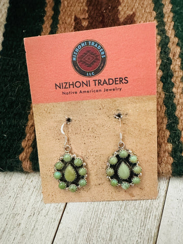 Navajo Sterling Silver & Green Turquoise Cluster Dangle Earrings