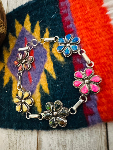 Zuni Multicolor Opal & Sterling Silver Flower Link Bracelet