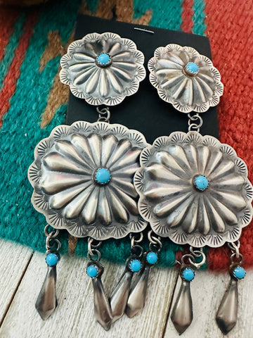 Navajo Sterling Silver & Turquoise Concho Dangle Earrings