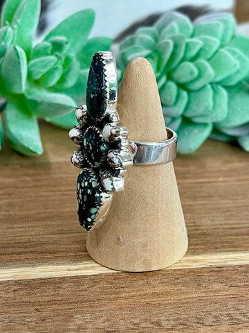 Beautiful Handmade New Lander Turquoise, Wild Horse And Sterling Silver Adjustable Ring