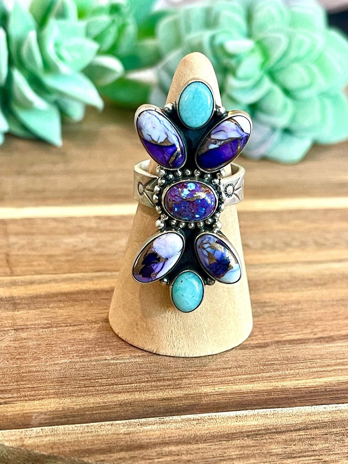 Beautiful Handmade Turquoise, Violet Frost And Sterling Silver Adjustable Ring