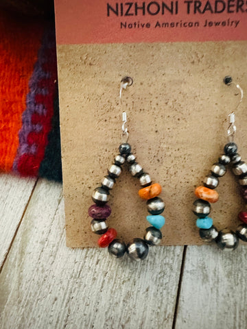 Navajo Multi Stone & Sterling Silver Pearl Beaded Dangle Hoop Earrings