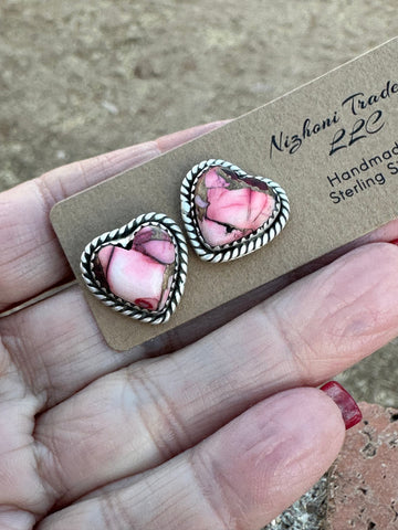 Handmade Sterling Silver & Rose Dahlia Heart Post Earrings