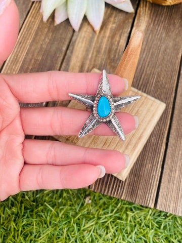 Navajo Turquoise & Sterling Silver Star Ring Size 9.25 Signed