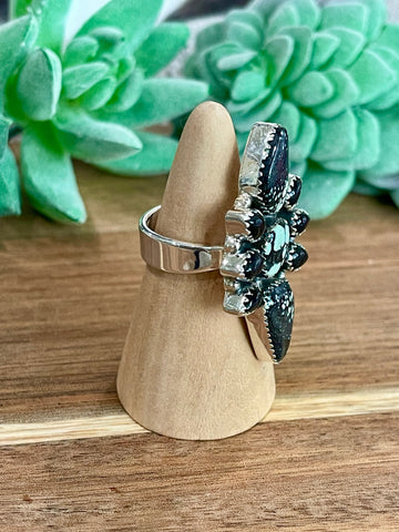 Beautiful Handmade New Lander Turquoise, Onyx And Sterling Silver Adjustable Ring