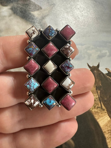 Handmade Wild Horse, Rhodonite, Purple Dream Mojave And Sterling Silver Adjustable Ring