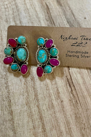 Handmade Pink Onyx, Turquoise & Sterling Silver Earrings Signed Nizhoni