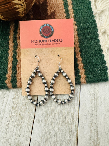 Navajo Sterling Silver Pearl Beaded Dangle Hoop Earrings