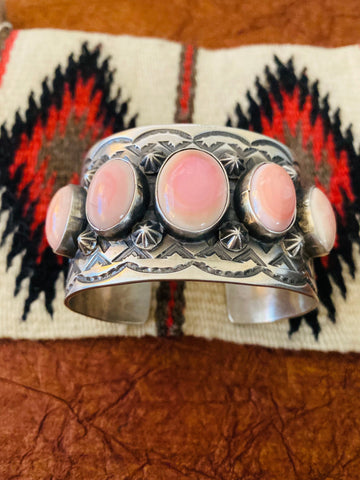 Navajo Queen Pink Conch Shell & Sterling Silver Cuff Bracelet Signed