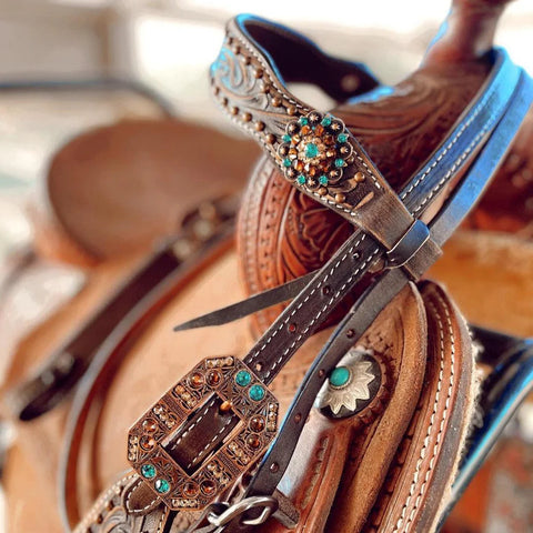 Brushed Chocolate Teal/Champagne/Topaz Browband & Breastcollar Tack Set