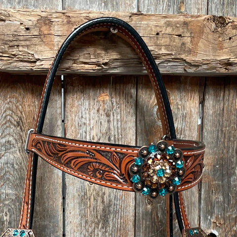 Honey Colored Floral Teal & Champagne Tack Set