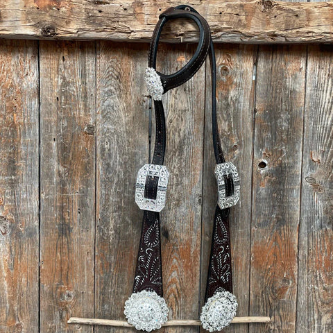 Paisley White Bright Silver Browband/One Ear Tack Set