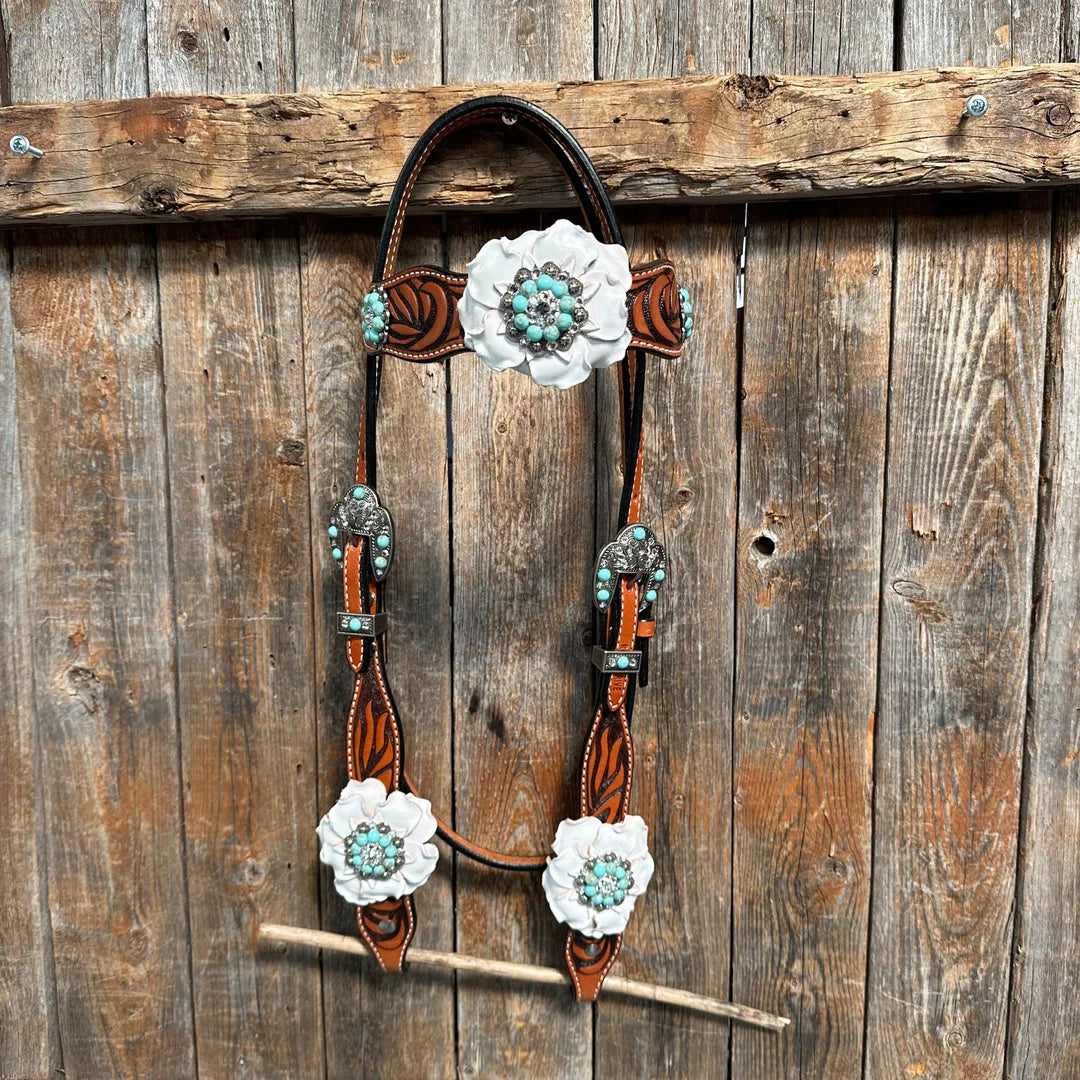 Zebra Turquoise and White Browband / Breastcollar Tack Set