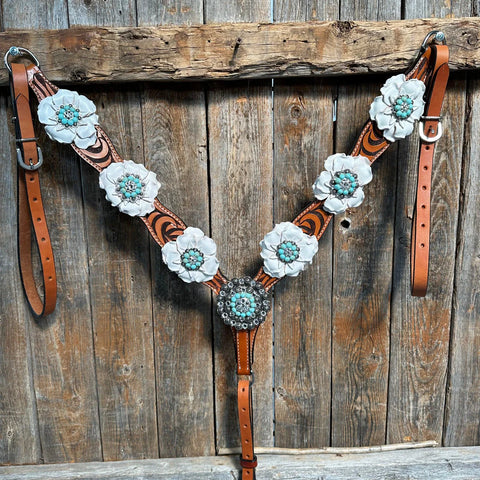 Zebra Turquoise and White Browband / Breastcollar Tack Set