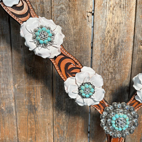 Zebra Turquoise and White Browband / Breastcollar Tack Set