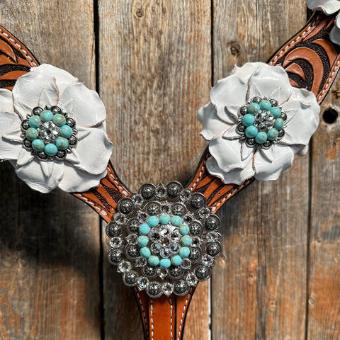 Zebra Turquoise and White Browband / Breastcollar Tack Set