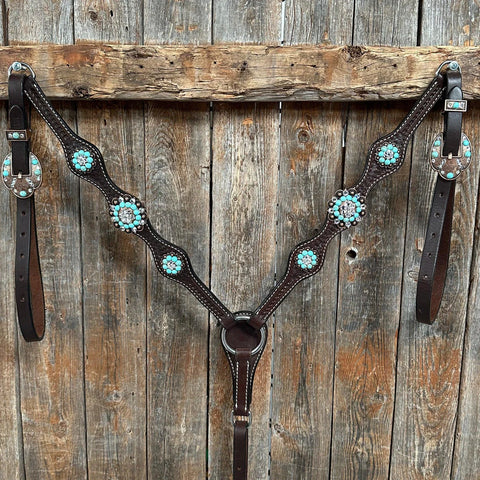 Dark Oil Basketweave Turquoise and Clear Browband Tack Set