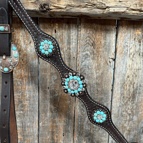 Dark Oil Basketweave Turquoise and Clear Browband Tack Set