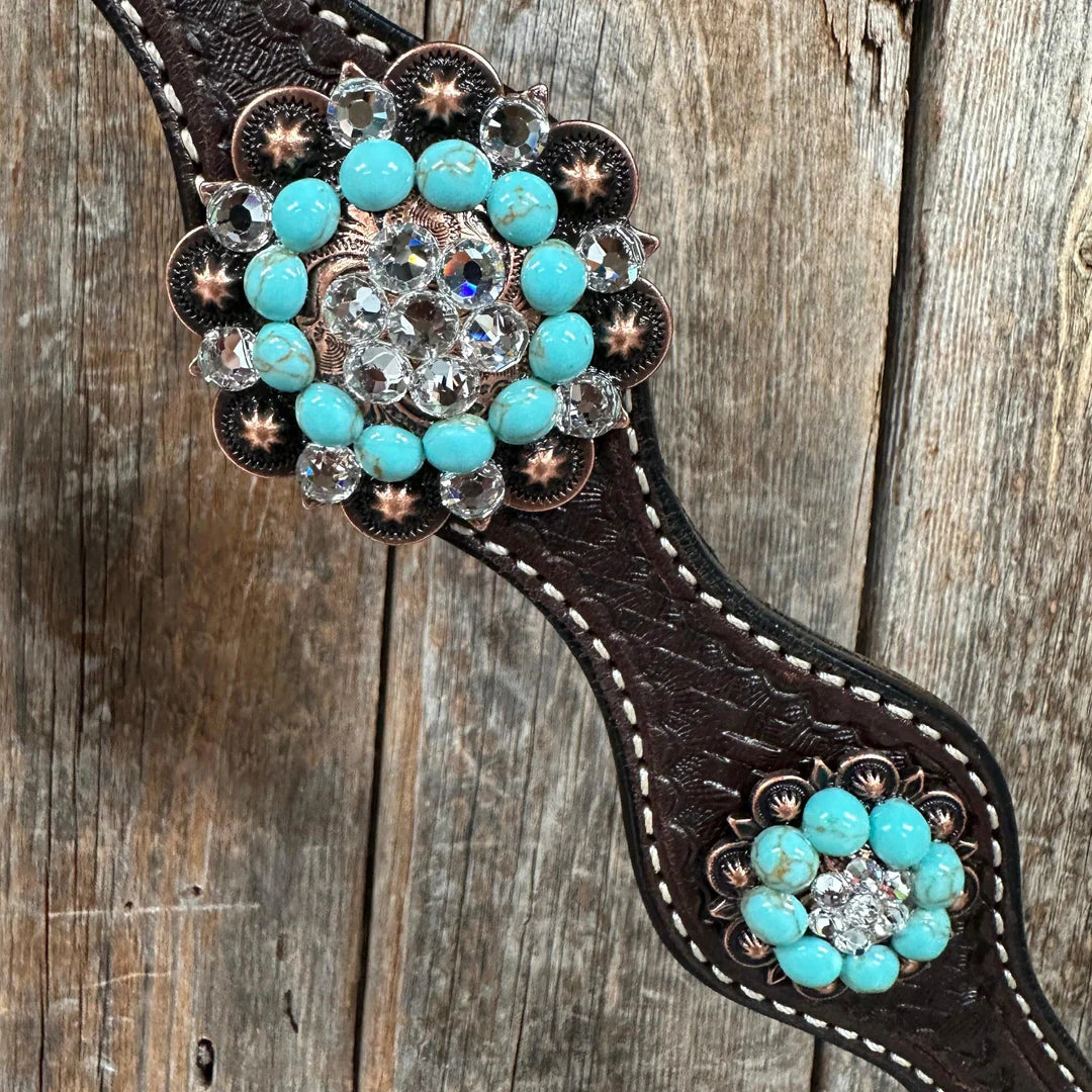 Dark Oil Basketweave Turquoise and Clear Browband Tack Set