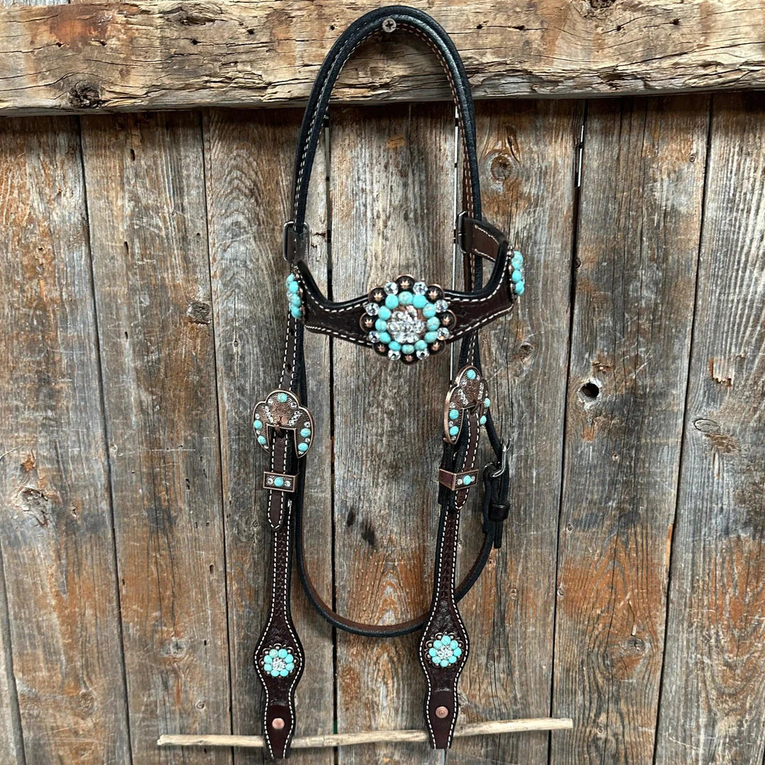 Dark Oil Basketweave Turquoise and Clear Browband Tack Set