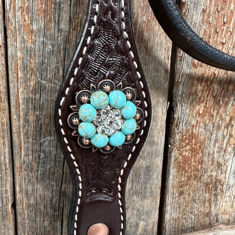 Dark Oil Basketweave Turquoise and Clear Browband Tack Set