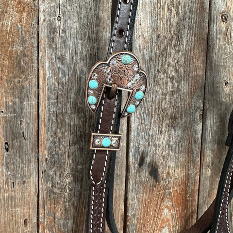 Dark Oil Basketweave Turquoise and Clear Browband Tack Set