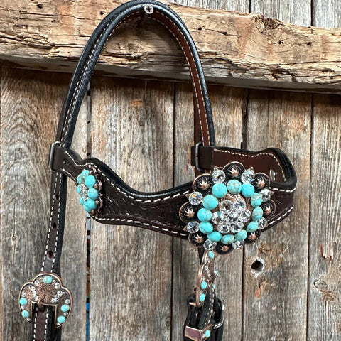 Dark Oil Basketweave Turquoise and Clear Browband Tack Set