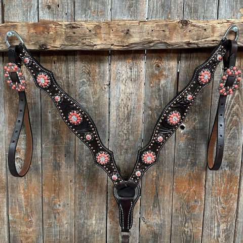 Dark Oil Floral Copper Dot Copper and Coral Browband / Breastcollar Tack Set