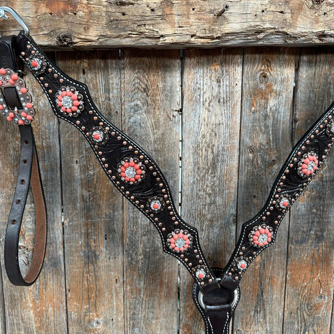 Dark Oil Floral Copper Dot Copper and Coral Browband / Breastcollar Tack Set