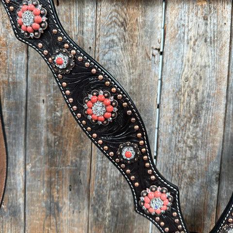 Dark Oil Floral Copper Dot Copper and Coral Browband / Breastcollar Tack Set