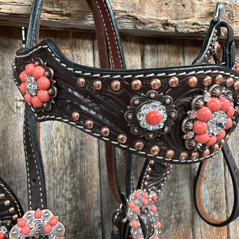 Dark Oil Floral Copper Dot Copper and Coral Browband / Breastcollar Tack Set