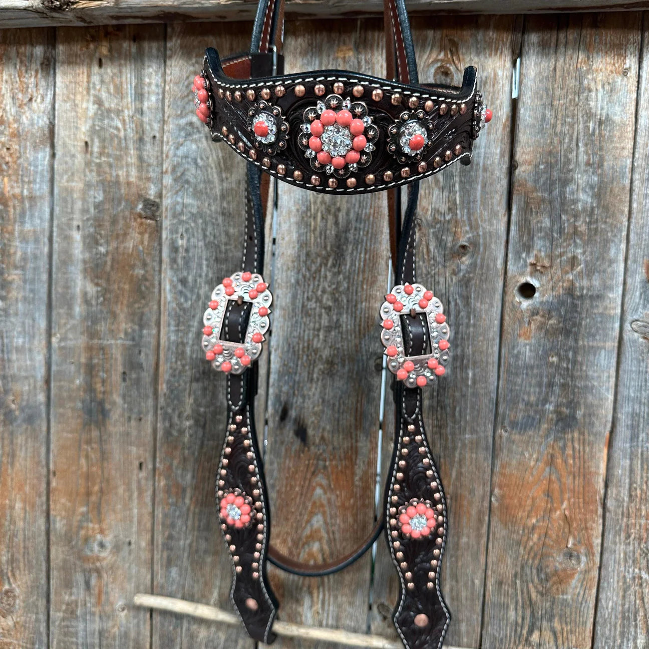 Dark Oil Floral Copper Dot Copper and Coral Browband / Breastcollar Tack Set